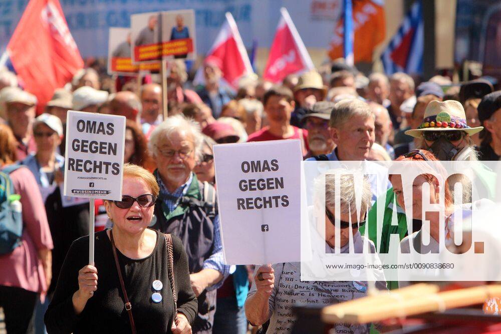 Easter March of the Peace Movement in Stuttgart Baden Württemberg Germany Senior Women with Poster Grandma Against Right