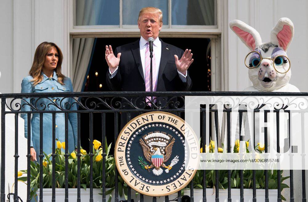 United States President Donald J. Trump, accompanied by First Lady Melania Trump and the Easter Bunny, delivers remarks at the White House Easter Egg Roll at the White House in Washington, D.C. on April 22, 2019.