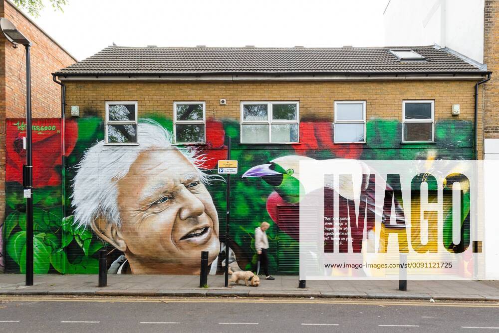 IMAGO ICONS: Sir David Attenborough May 6, 2019 - London, London, UK - London, UK. A woman and her dog walk past a new David Attenborough Mural painted on the side of a house in St Matthew s Row, east London. The mural by urban artist, Jerome shows natural historian, David Attenborough with a message, There is no question climate change is happening. The only arguable point is what part humans are playing in it London UK - ZUMAl94_ 20190506_zaf_l94_006