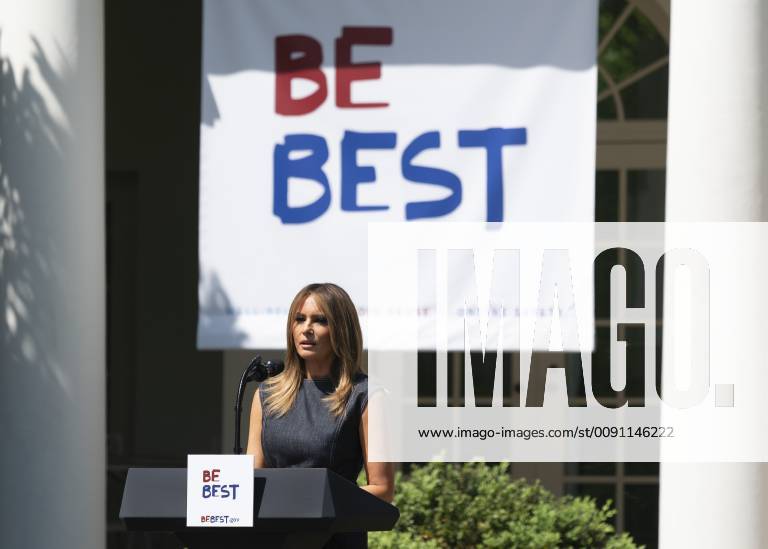 First lady Melania Trump speaks during the anniversary celebration of the BeBest campaign, an initiative advocating against cyberbullying and drug use.