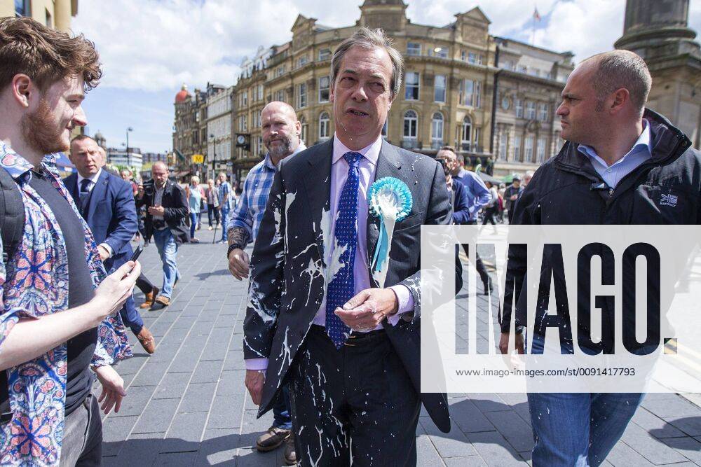 Newcastle, Northumberland, UK - Newcastle, UK. Nigel Farage has had what appears to be a milkshake thrown over him while campaigning in Newcastle city centre today as part of a whistle-stop tour of the UK ahead of the European elections on the 23rd May. Newcastle UK - ZUMAl94_ 20190520_zaf_l94_050