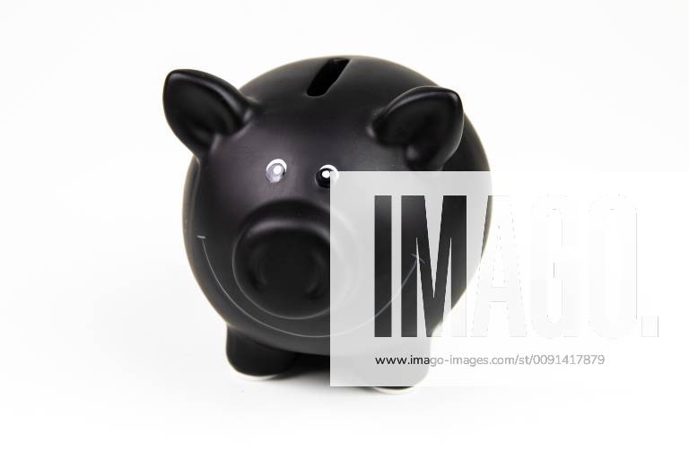 Symbol photo black piggy bank with euro banknotes and coins piggy bank and money