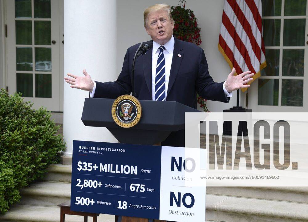 President Donald Trump makes remarks to the press in the Rose Garden of the White House, Washington, DC, May 22, 2019. A scheduled meeting to discuss infrastructure programs broke down according to Trump when Democratic leaders brought up the Special Counsel Mueller investigation. WAP20190522501 MIKExTHEILER