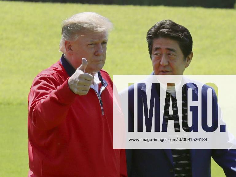 Trump in Japan Japanese Prime Minister Shinzo Abe (R) and U.S. President Donald Trump are pictured at Mobara Country Club in Chiba Prefecture on May 26, 2019, after Trump s arrival aboard the Marine One helicopter. Abe and Trump played golf at the course near Tokyo -- their fifth round together since the U.S. leader took office in 2017. (Pool photo)