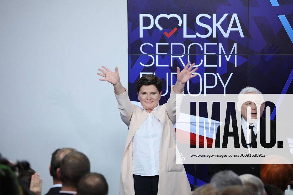 Europawahl 2019, PiS gewinnt in Polen The European Parliament election evening at Law and Justice headquarters The European Parliament election evening at Law and Justice headquarters on May 26, 2019 in Warsaw, Poland. Law and Justice gets over 42% of all votes. Former Prime Minister Beata Szydlo and Law and Justice leader Jaroslaw Kaczynski. the sign behind reads: Poland the Heatr of Europe. EN_01378343_0029