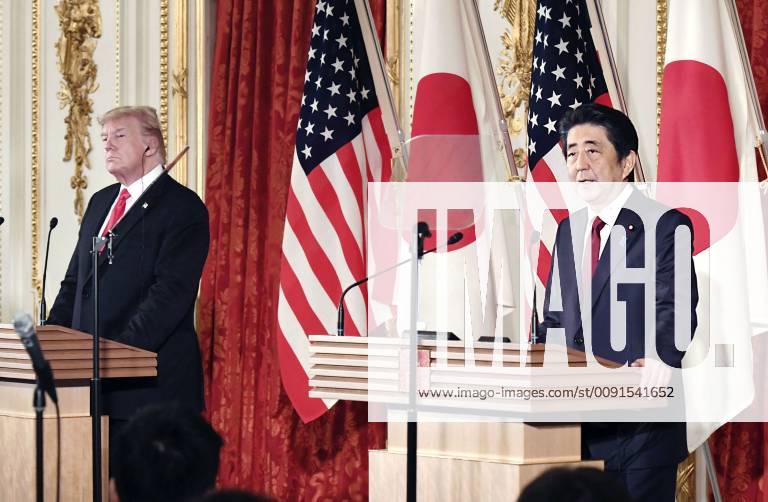 Trump in Japan Japanese Prime Minister Shinzo Abe (R) and U.S. President Donald Trump hold a joint press conference at the State Guest House in Tokyo on May 27, 2019. (Pool photo)