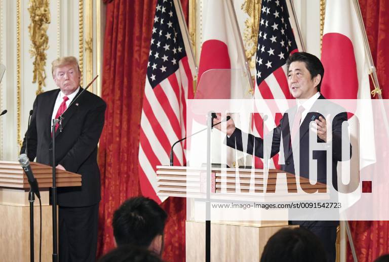 Trump in Japan Japanese Prime Minister Shinzo Abe (R) and U.S. President Donald Trump hold a joint press conference at the State Guest House in Tokyo on May 27, 2019. (Pool photo)