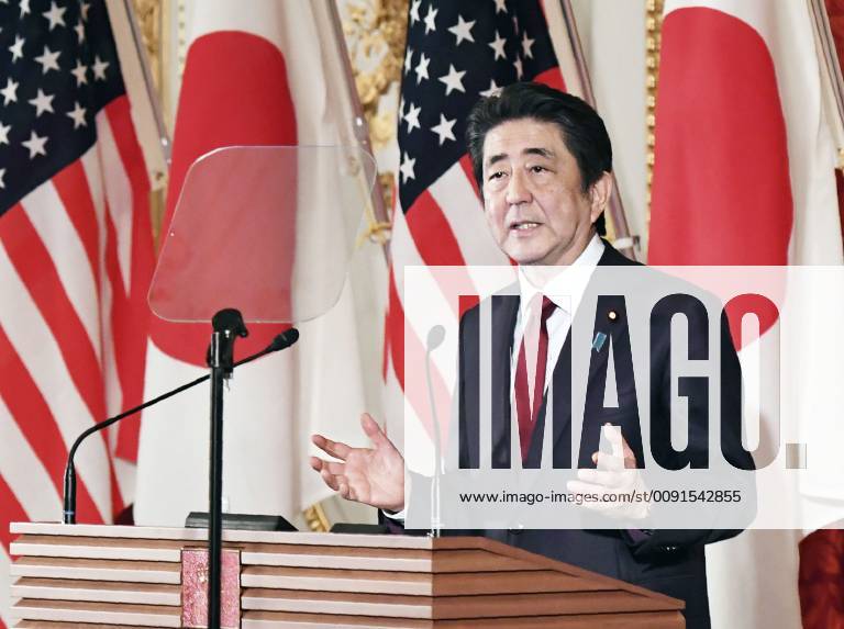 Trump in Japan Japanese Prime Minister Shinzo Abe speaks during a joint press conference with U.S. President Donald Trump at the State Guest House in Tokyo on May 27, 2019. (Pool photo)