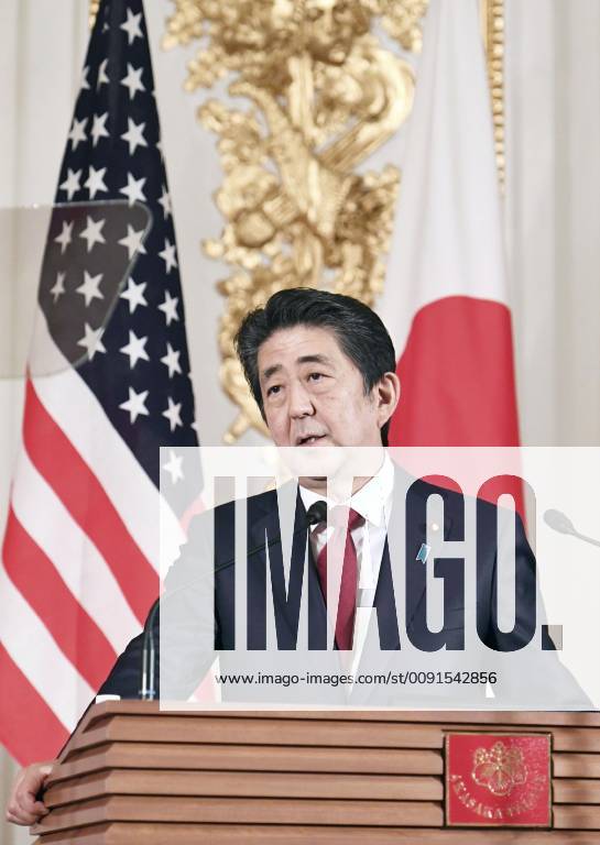 Trump in Japan Japanese Prime Minister Shinzo Abe speaks during a joint press conference with U.S. President Donald Trump at the State Guest House in Tokyo on May 27, 2019. (Pool photo)