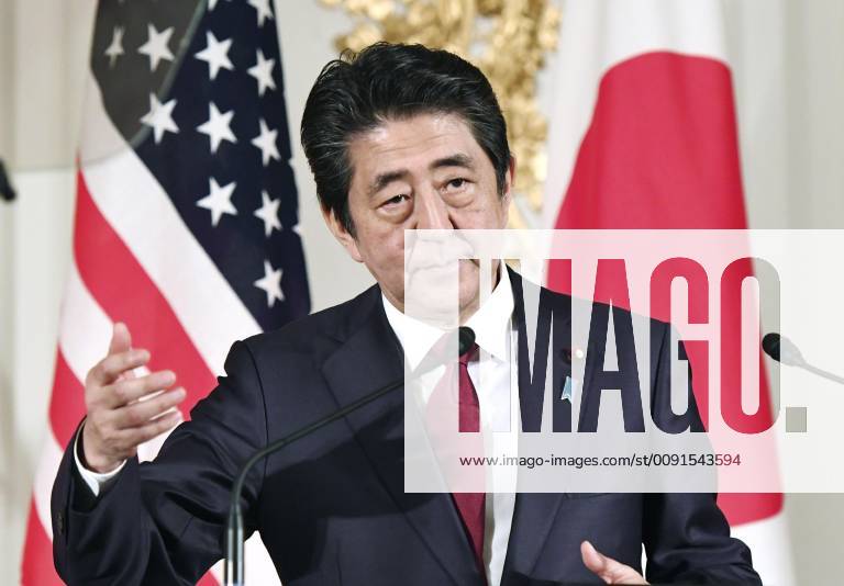 Trump in Japan Japanese Prime Minister Shinzo Abe speaks during a joint press conference with U.S. President Donald Trump at the State Guest House in Tokyo on May 27, 2019. (Pool photo)