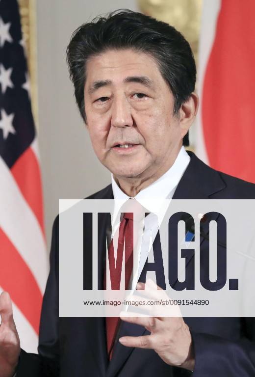 Trump in Japan Japanese Prime Minister Shinzo Abe attends a joint press conference with U.S. President Donald Trump at the State Guest House in Tokyo on May 27, 2019. (Pool photo)