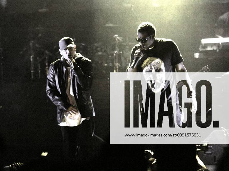 Rappers Eminem (L) and Jay-Z performs on-stage at the launch of DJ Hero at the Wiltern Theatre on June 1, 2009 in Los Angeles. USA - 2009 - DJ Hero launch in Los Angeles - Inside