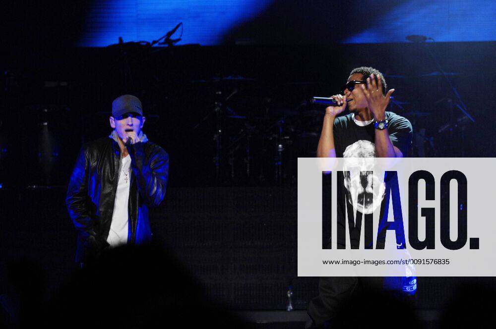 Rappers Eminem (L) and Jay-Z performs on-stage at the launch of DJ Hero at the Wiltern Theatre on June 1, 2009 in Los Angeles. USA - 2009 - DJ Hero launch in Los Angeles - Inside