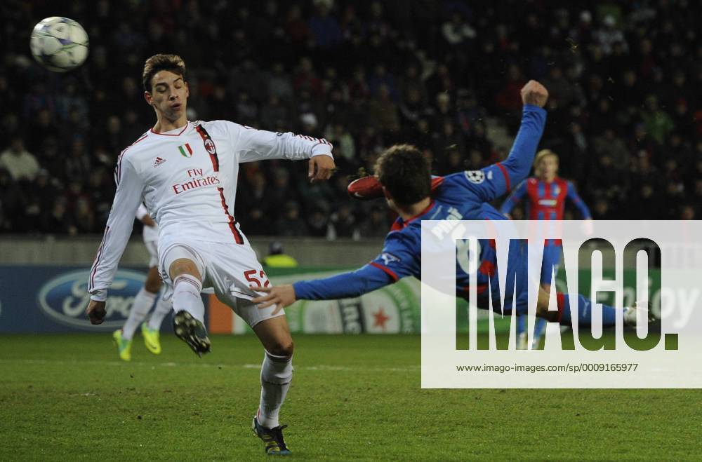 Mattia De Sciglio of Milan (left) and Vaclav Pilar of Viktoria during their final Champions League group H soccer match FC Viktoria Plzen vs AC Milan at Synot Tip Arena Eden stadium in Prague, Czech Republic, Tuesday, December 6, 2011. (CTKxPhoto MichalxKamaryt) CTKPhoto024201112061007801