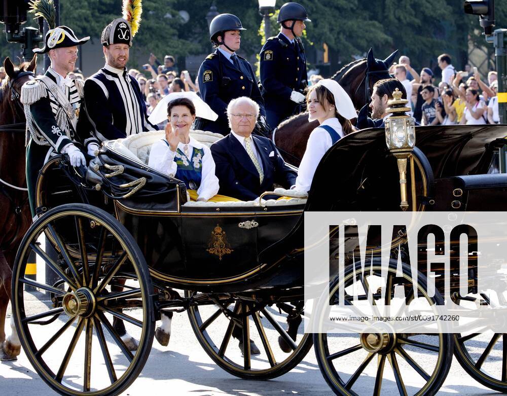 Skansen Princess Madeleine, Princess Sofia, Prince Carl Philip, King Carl Gustaf Queen Silvia, Crown Princess Victoria, Princess Estelle and Prince Daniel during the traditional National Day celebrations at Skansen in Stockholm.