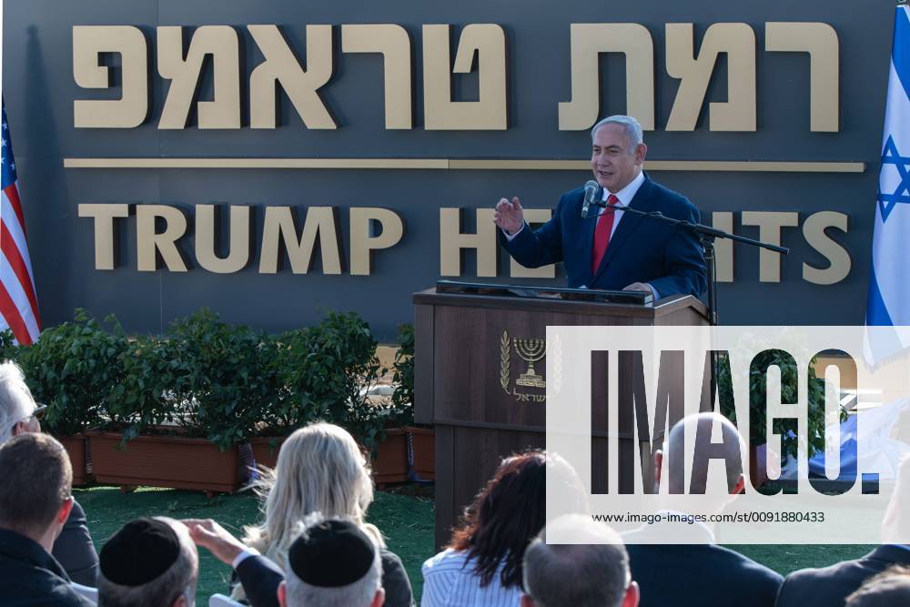 (190616) -- GOLAN HEIGHTS, June 16, 2019 -- Israeli Prime Minister Benjamin Netanyahu speaks during the unveiling ceremony of Trump Heights in Golan Heights, on June 16, 2019. Israel s government on Sunday inaugurated a new settlement in the annexed Golan Heights named after the country s close ally, U.S. President Donald Trump. ) MIDEAST-GOLAN HEIGHTS-SETTLEMENT-TRUMP JINI AyalxMargolin