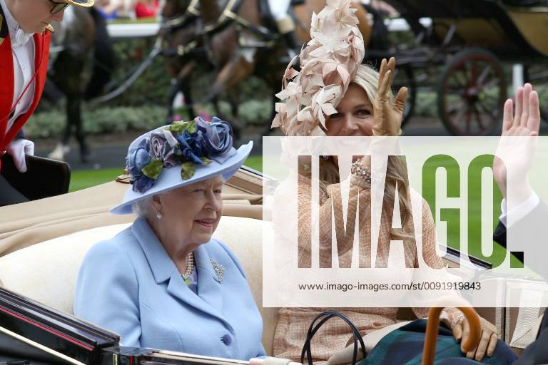 Queen Elizabeth II of the United Kingdom and Queen Maxima of the Netherlands arrive for the first day of Royal Ascot at Ascot Racecourse in Berkshire, England. JUNE 18th 2019 GRGx192227