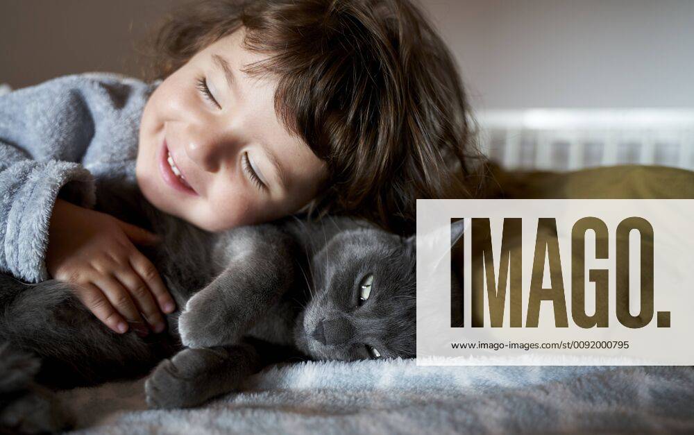 Portrait of happy toddler girl cuddling grey cat lying on bed model released Symbolfoto property released GEMF02921