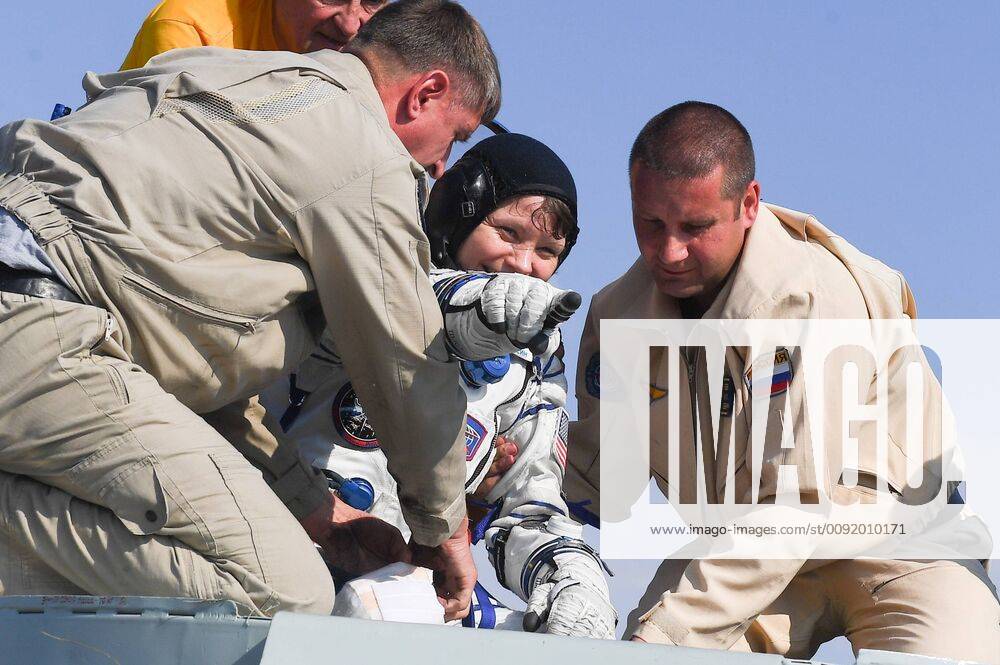 KAZAKHSTAN â€“ JUNE 25, 2019: NASA astronaut Anne McClain seen as the Soyuz MS-11 descent capsule carrying the ISS Expedition 58 59 crew members lands near the town of Zhezkazgan, Kazakhstan. Sergei Mamontov POOL TASS TS0B0E42