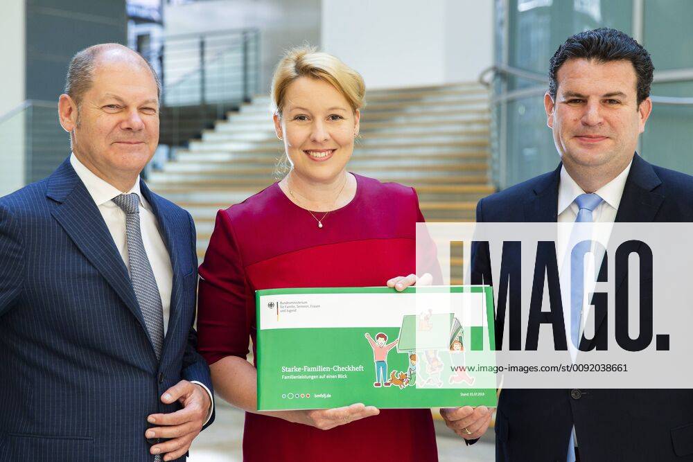 Family Minister Franziska Giffey C , Finance Minister Olaf Scholz L and Labour Minister Hubertus Heil R after the presentation of the Strong Family Checkbook at the Jakob Kaiser House in Berlin on 27 June 2019 Presentation Strong Family Checkbook in Berlin