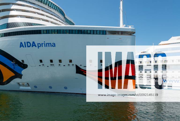 Di AIDA prima of the AIDA Cruises at the Ostseekai in Kiel, at the same time with the sister ship AIDA cara at the Ostseekai in front of the Kieler Schloss and the Kiellinie Kiel Schleswig Holstein Germany