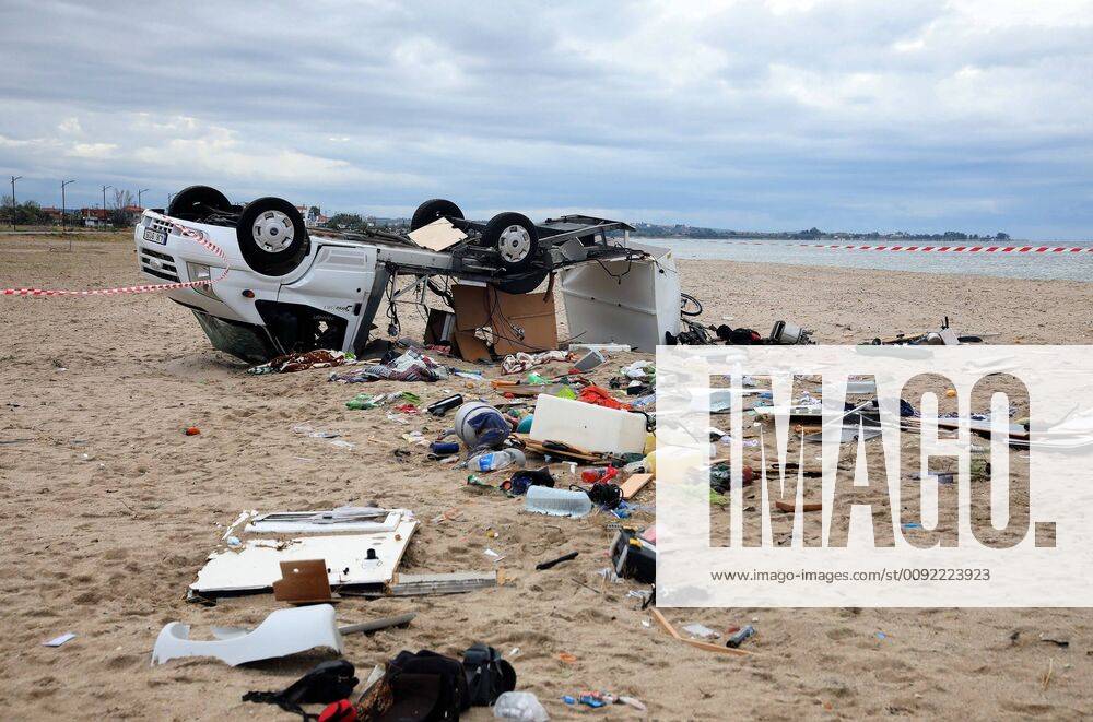 (190711) -- HALKIDIKI, July 11, 2019 -- The wreck of a car is seen after a heavy storm on Halkidiki peninsula in northern Greece, on July 11, 2019. A strong storm hit northern Greece on Wednesday evening, leaving six people dead, dozens injured and a fisherman missing, as well as material damages, the country s fire service and the Greek national news agency AMNA reported. ) GREECE-HALKIDIKI-HEAVY STORM-AFTERMATH VassilisxVerveridis