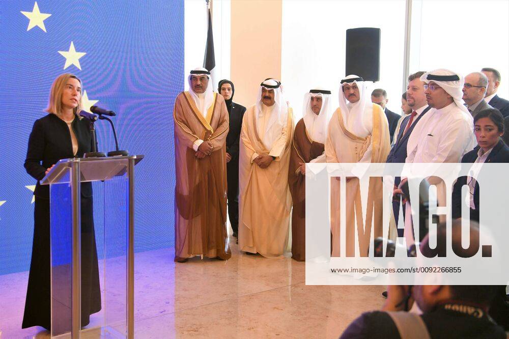 (190714) -- KUWAIT, July 14, 2019 -- High Representative of the EU for Foreign Affairs and Security Policy Federica Mogherini (1st L) speaks at the opening ceromony of the EU headquarters in Kuwait City, Kuwait, July 14, 2019. The European Union (EU) opened the headquarters of its mission in Kuwait here on Sunday. At the opening ceremony, Sheikh Sabah Khaled Al-Hamad Al-Sabah, Kuwaiti deputy prime minister and foreign minister, said that the EU s delegation in the country remarks a culmination of the successful cooperation between the two sides. KUWAIT-KUWAIT CITY-EU DELEGATION-OPENING NiexYunpeng