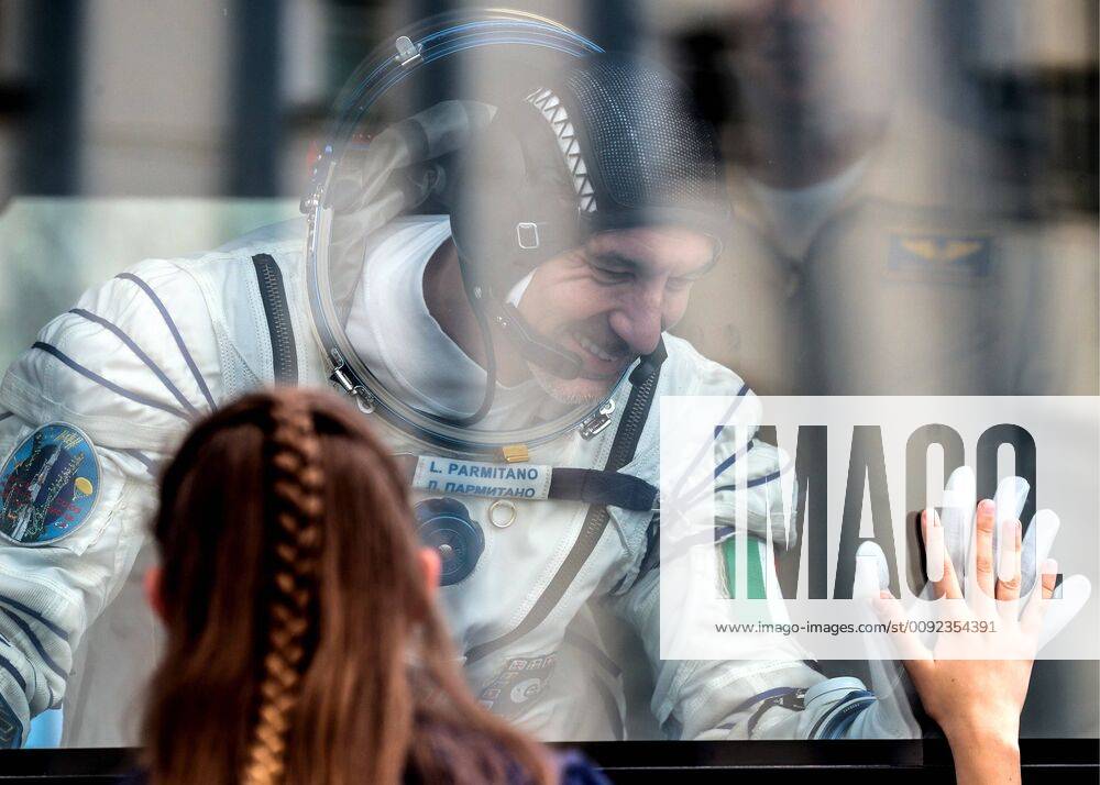KAZAKHSTAN – JULY 20, 2019: ISS Expedition 60 61 main crew members, European Space Agency (ESA) astronaut Luca Parmitano waves goodbye to his daughter before a launch to the International Space Station, at the Baikonur Cosmodrome. The launch of Expedition 60 61 aboard the Soyuz MS-13 spacecraft to the ISS is scheduled for July 20, 2019 at 19:28 Moscow time. Sergei Savostyanov TASS TS0B3B76