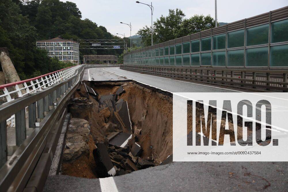 SOCHI, RUSSIA – JULY 25, 2019: Heavy rain causes a partial collapse of the A147 motorway linking Dzhubga with Sochi and running along the Black Sea coast. Dmitry Feoktistov TASS TS0B44AB