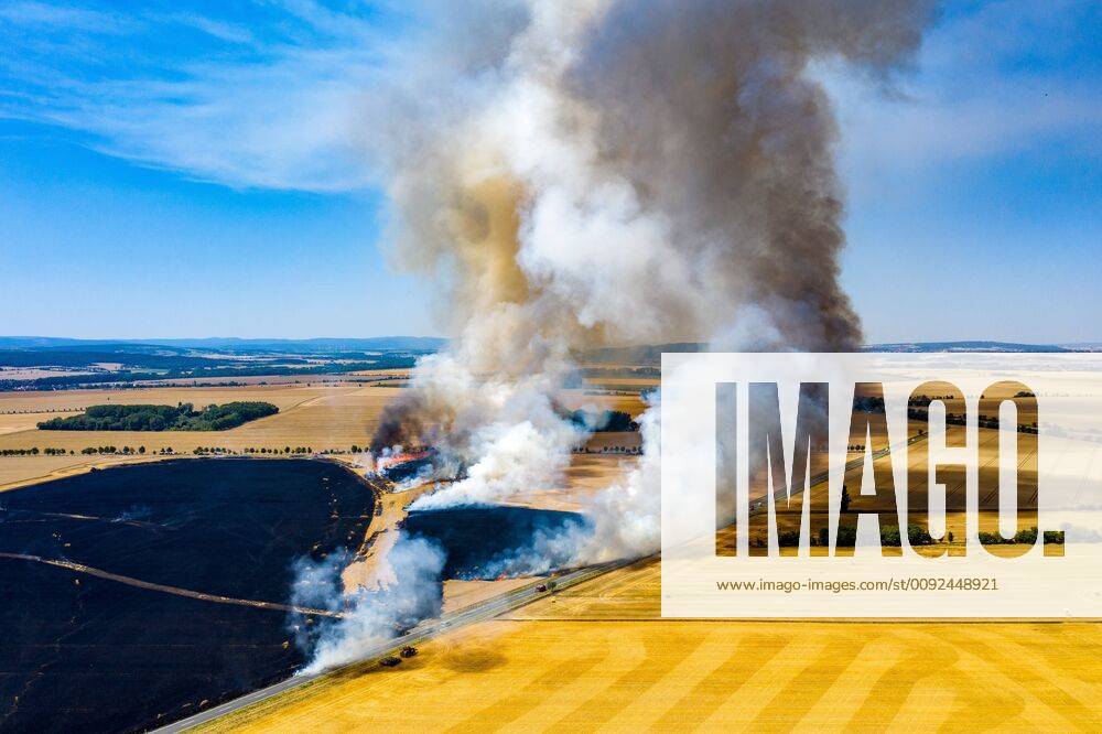 , Large fire of a grain field in Neudietendorf , Emergency forces of surrounding fire brigades fight the blaze , Aerial photograph
