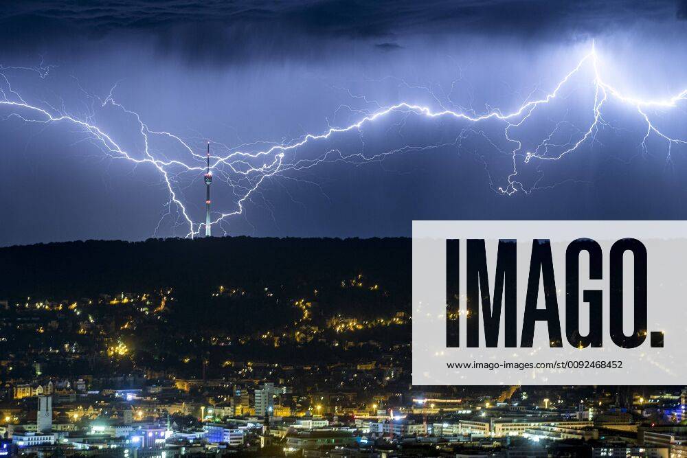 Lightning spectacle over the Stuttgart television tower in the night Stuttgart, Bismarck Tower