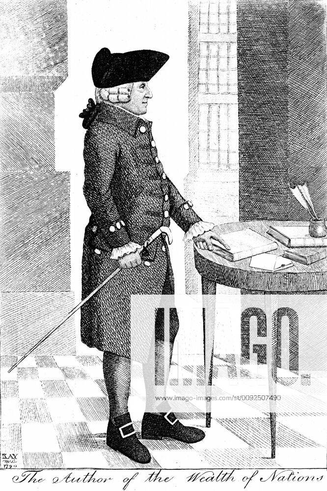 Adam Smith Adam Smith (1723-1790) Scottish philosopher and economist, standing wearing hat and wig and carrying cane, pointing to book on table. Author of Inquiry into the Nature and Causes of the Wealth of Nations 1776. Etching by John Kay, Edinburgh 1790.