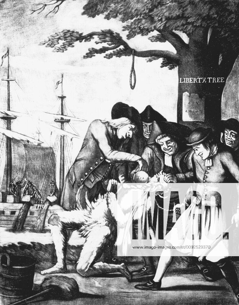 Boston Tea Party, 16 December 1773 Boston Tea Party, 16 December 1773. Bostonians tarring and feathering the Excise man and forcing tea down his throat. In background tea is being dumped in the harbour. Protest against British rule. No taxation without representation 1774 lithograph London
