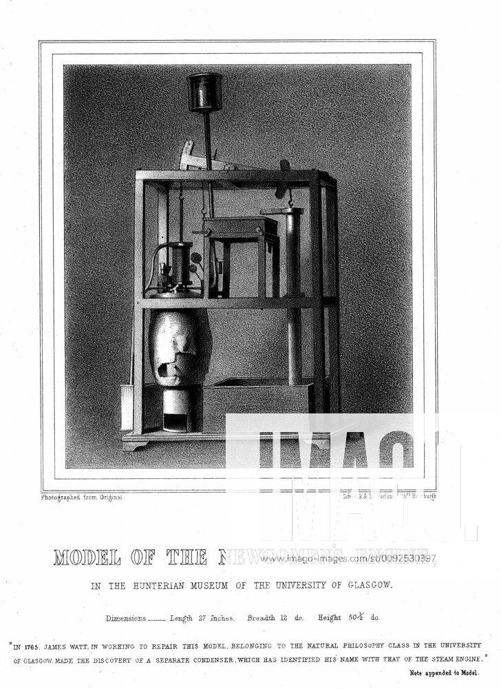 Thomas Newcomen steam engine Model of Newcomen steam engine. It was while repairing this engine that Watt is said to have invented the separate condenser. From George Williamson Memorials of James Watt 1856. Lithograph