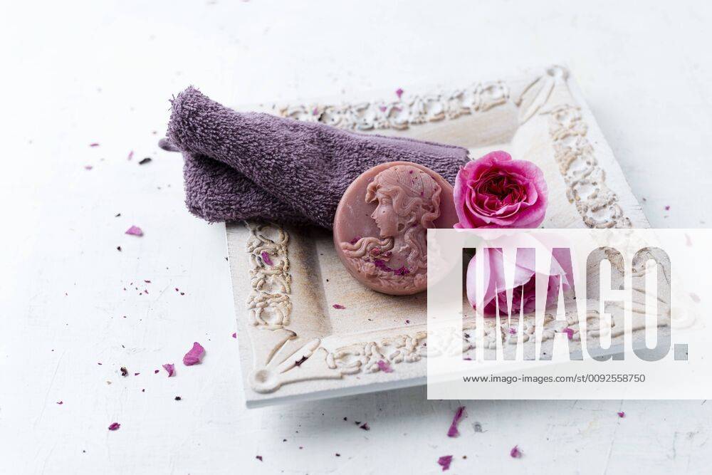 Homemade rose soap, flower and washcloth MYF02117