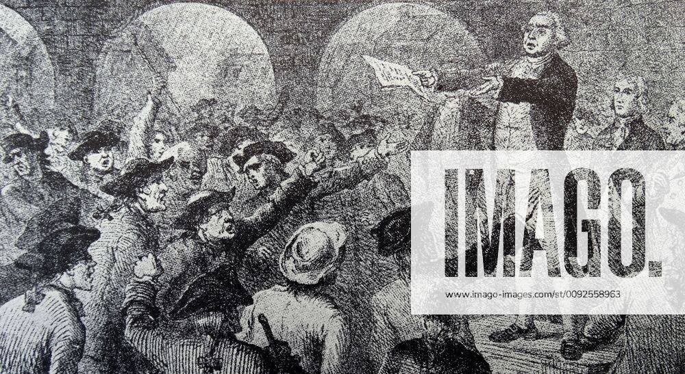 Engraving depicting the Great Tea meeting. Engraving depicting the Great Tea meeting. The citizens of Boston protested against the new tea act which limited imports to the colonies to East India Company.