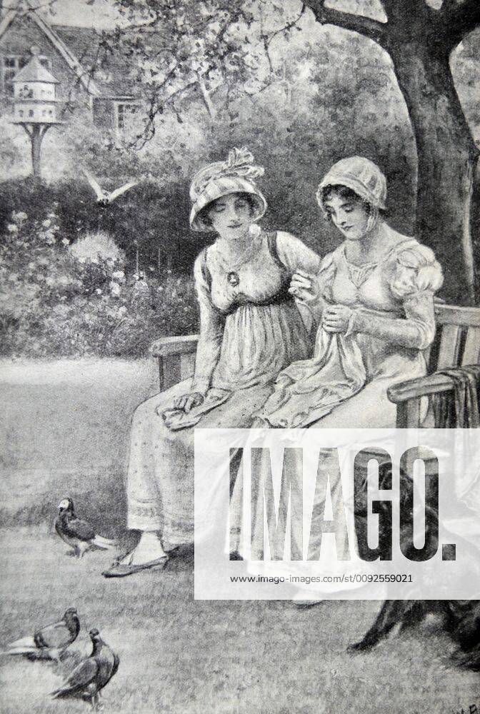 Engraving of Jane Austen and her sister Cassandra Engraving of Jane Austen and her sister Cassandra doing needlework in the rectory garden. Dated 1810