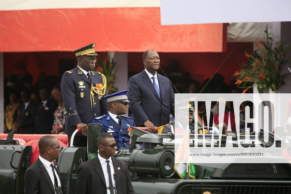 KW32 (190807) -- ABIDJAN, Aug. 7, 2019 (Xinhua) -- Cote d Ivoire s President Alassane Ouattara (R, rear) reviews troops during a military parade marking the 59th anniversary of the country s independence in Abidjan, Cote d Ivoire, on Aug. 7, 2019. (Photo by Yvan Sonh Xinhua) COTE D IVOIRE-ABIDJAN-INDEPENDENCE ANNIVERSARY