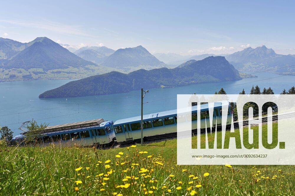 Rack railway to the Rigi, behind Lake Lucerne with Bürgenstock, Stanserhorn and Pilatus, Vitznau, Canton Lucerne, Switzerland, Europe