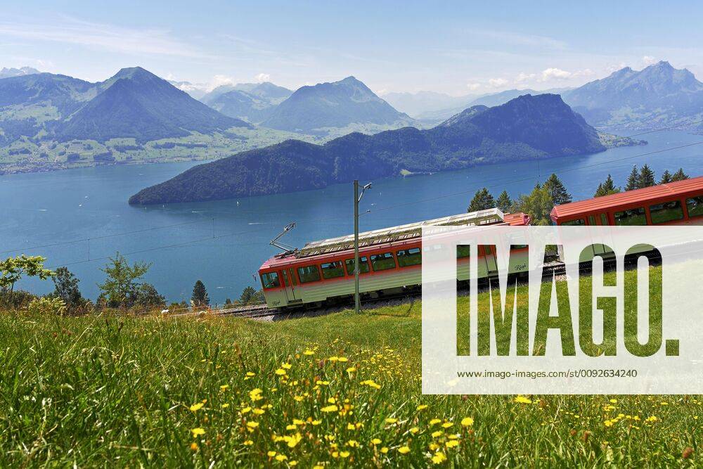 Rack railway to the Rigi, behind Lake Lucerne with Bürgenstock, Stanserhorn and Pilatus, Vitznau, Canton Lucerne, Switzerland, Europe