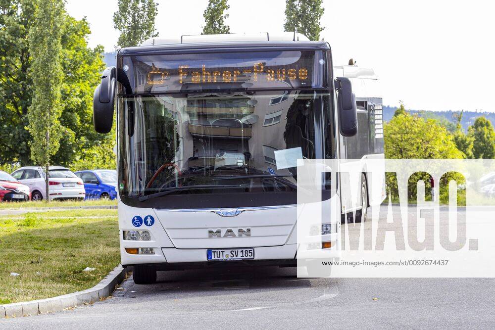 DEU, Germany, Baden Württemberg, Tuttlingen, 04 08 2019 Public bus in Tuttlingen Driver has a break