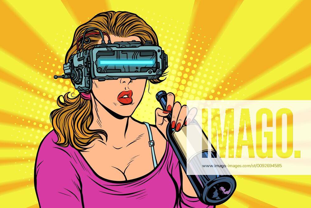 VR glasses. Woman drinking wine from a bottle. Loneliness and sa