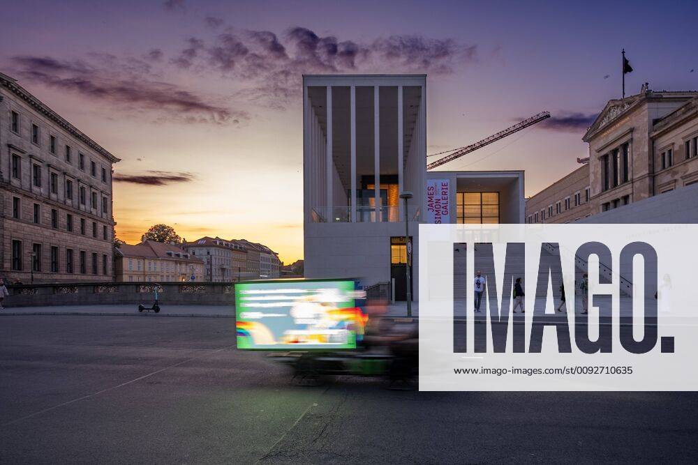 Museum Island Germany, Berlin, 21 07 2019, James Simon Galerie, new entrance to the Pergamonmuseum, Neues Museum on the right, Iron Bridge on the left, advertising rickshaw,