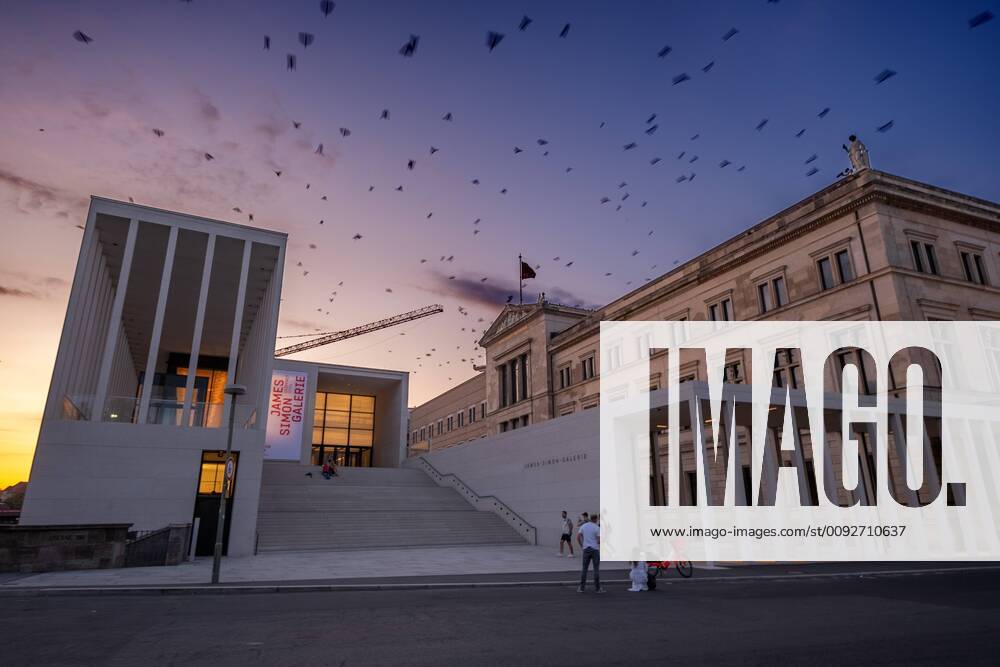 Museum Island Germany, Berlin, 21 07 2019, James Simon Galerie, new entrance to the Pergamonmuseum, Neues Museum on the right, crows in the sky,