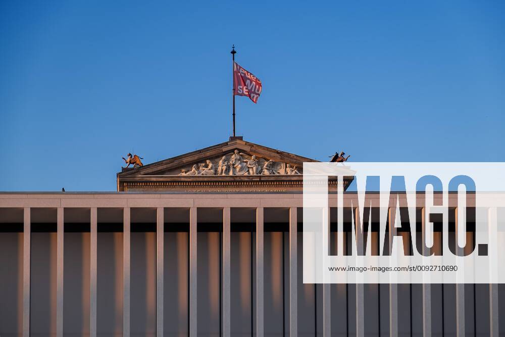 Museum Island Germany, Berlin, 21 07 2019, James Simon Gallery, columns, new entrance to the Pergamonmuseum, relief and flag on the roof of the Neues Museum,