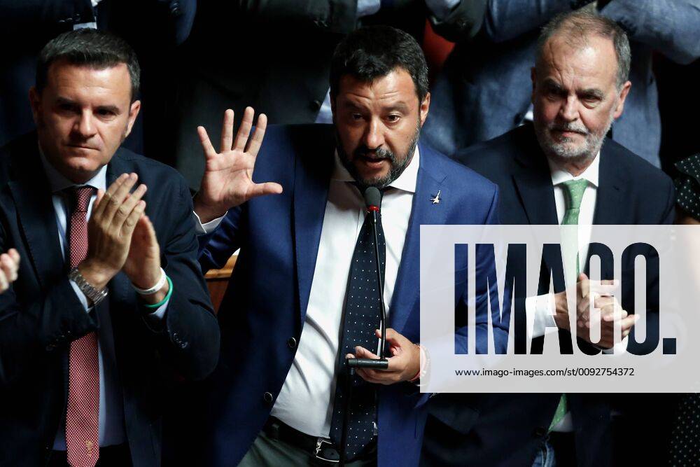 Speech of the Minister of Internal Affairs Matteo Salvini that proposed the vote of no confidence, surrounded by his senators Rome August 13th 2019. Senate. Vote to allow ore deny the Motion of no confidence to the Italian Government proposed by the Lega Nord party. Foto Samantha Zucchi Insidefoto SamanthaxZucchi