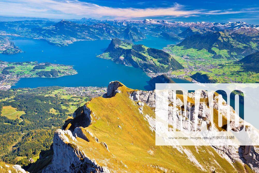 Lake Luzern and Alps mountain peaks aerial view from Mount Pilatus