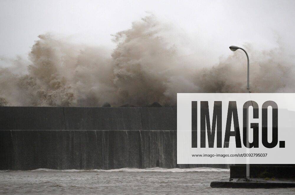 Typhoon Krosa High waves pound a fishing port in Aki, Kochi Prefecture, western Japan, on Aug. 15, 2019, as powerful Typhoon Krosa approaches the Shikoku region.