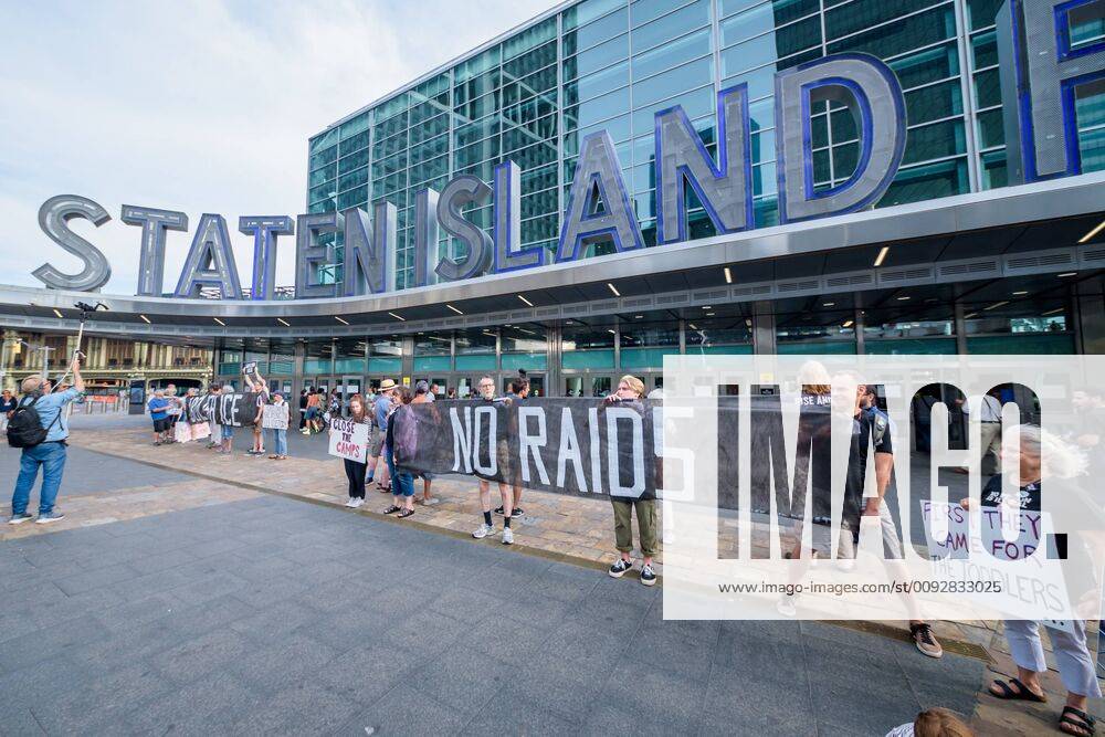 Members of the activist group Rise and Resist and concerned New Yorkers held a silent protest on August 15, 2019 at the plaza outside the Staten Island Ferry Terminal, holding NO RAIDS CLOSE THE CAMPS ABOLISH ICE banners, photographs of the children who have died in ICE custody, and photographs of the detention camps to object the Border Patrol and ICE cruel and inhumane treatment of immigrants, refugees, and asylum seekers. USA - ZUMAm432 20190815_znp_m432_002