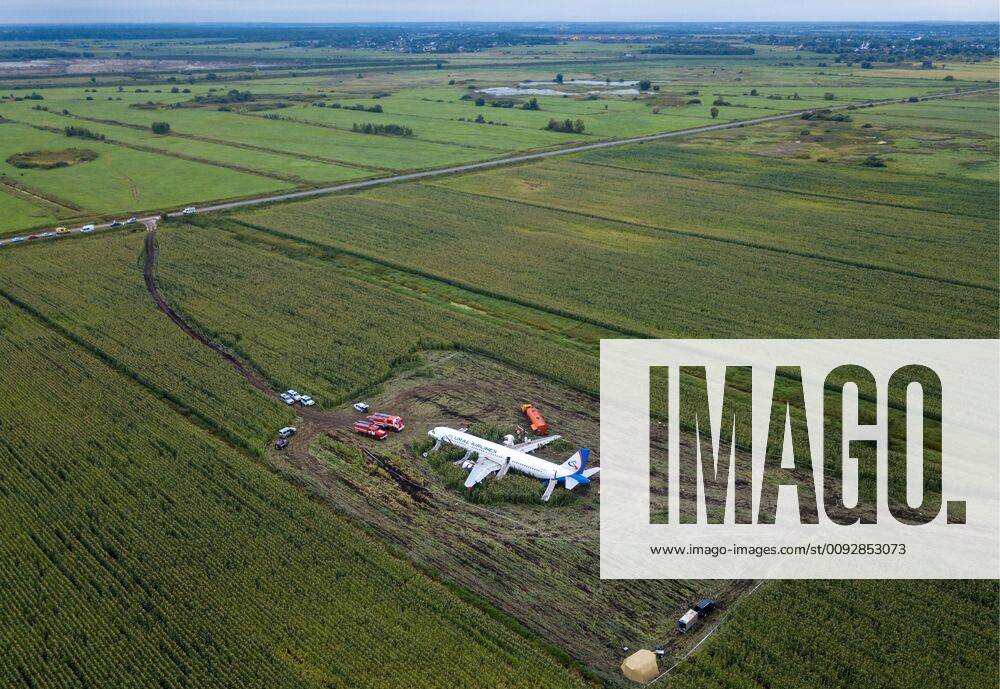 An aerial view of the Ural Airlines Airbus A321 plane in a cornfield near Zhukovsky International Airport. The aircraft bound for Simferopol made an emergency landing due to an engine fire on August 15, 2019. Dmitry Golubovich TASS TS0B6B70